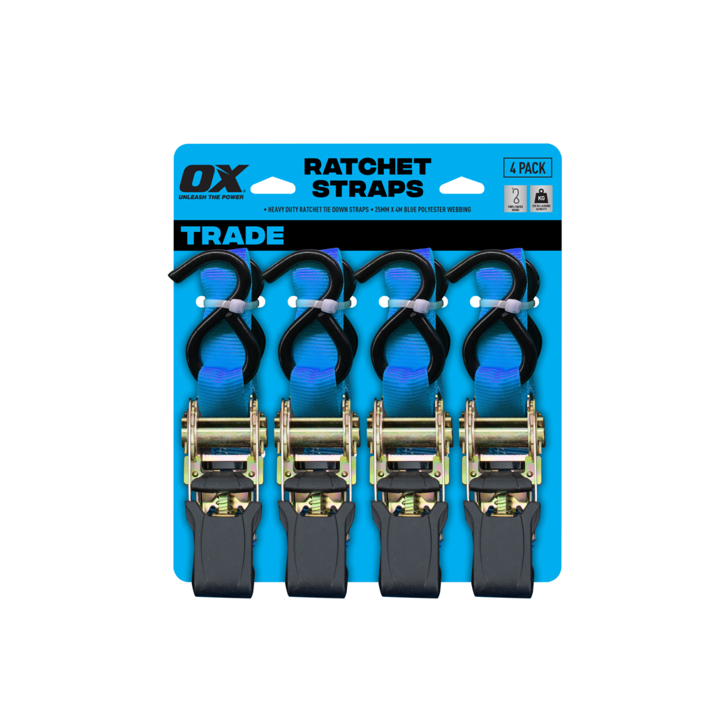 OX TRADE RATCHET TIE DOWNS - 25MM WIDE 250KGLC