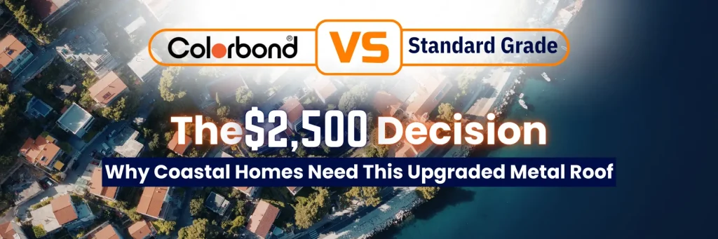 Close-up of Colorbond Ultra metal roofing sheets installed on a coastal Melbourne home with Port Phillip Bay visible in the background