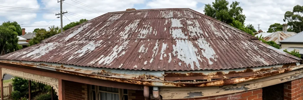 Close-up of a sagging, rust-streaked Colorbond gutter pulling away from a timber fascia on a Melbourne suburban home, with visible watermarks on the cladding below