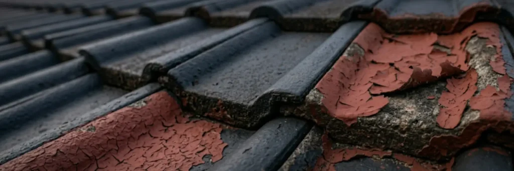 Close-up of a weathered roof with dark gray tiles and peeling red paint revealing underlying materials