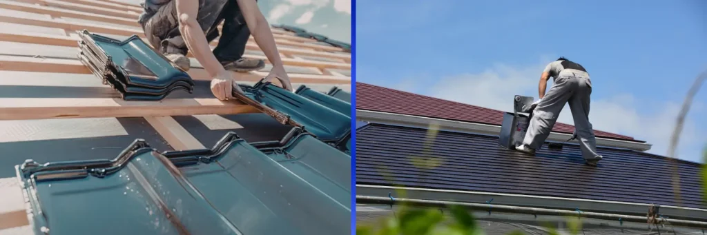 Side-by-side images of a worker installing black roof tiles and another worker painting a roof under a clear blue sky