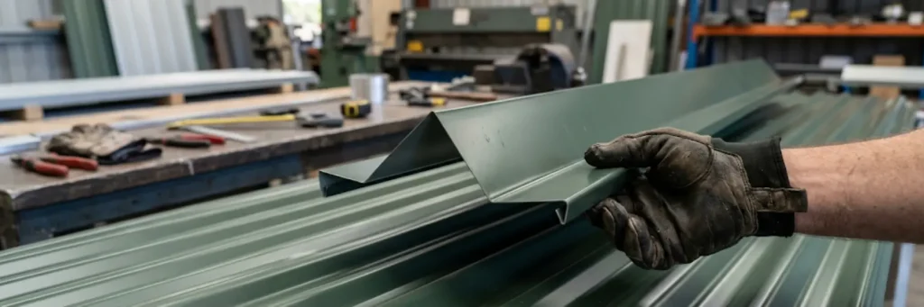 A gloved hand holds a folded piece of green metal in a workshop