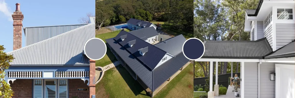 Collage of three homes featuring various angles of metal roofs in light and dark shades
