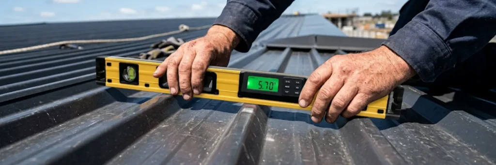 Hands holding a yellow digital level tool on a metal rooftop, measuring a 5.70-degree angle under a clear sky.