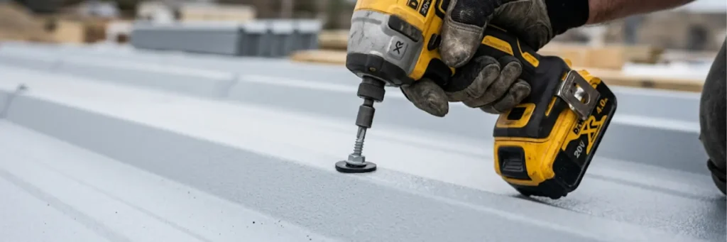Close-up of a worker using a yellow cordless drill to fasten a screw into a gray corrugated metal surface.