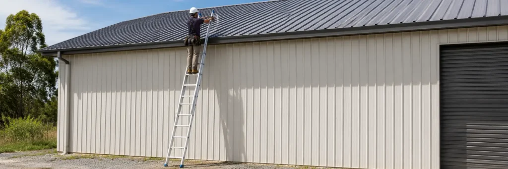 A person on a ladder paints the roof of a large metal shed under a clear blue sky