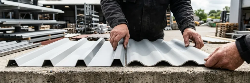 Hands comparing two different types of corrugated metal sheets on a concrete surface in an outdoor industrial storage area.