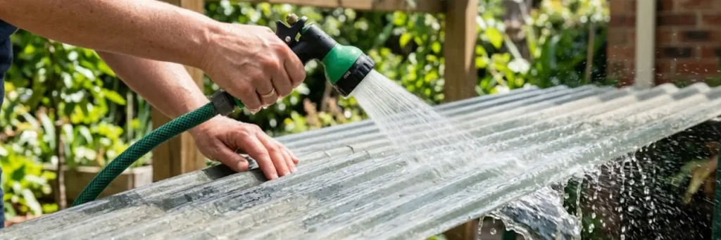 Hands holding a green garden hose nozzle, spraying water onto a corrugated metal surface outdoors.
