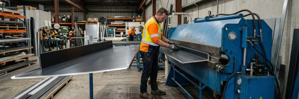 Worker in high-visibility clothing operating large blue metal bending machine in a workshop with metal sheets and equipment.