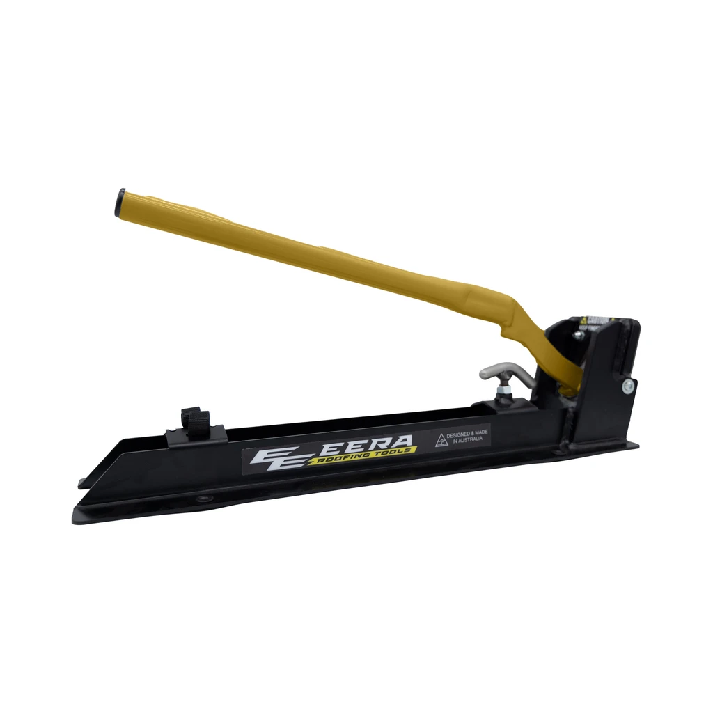 EERA Panelco flashing notcher, three quarter view with the handle raised