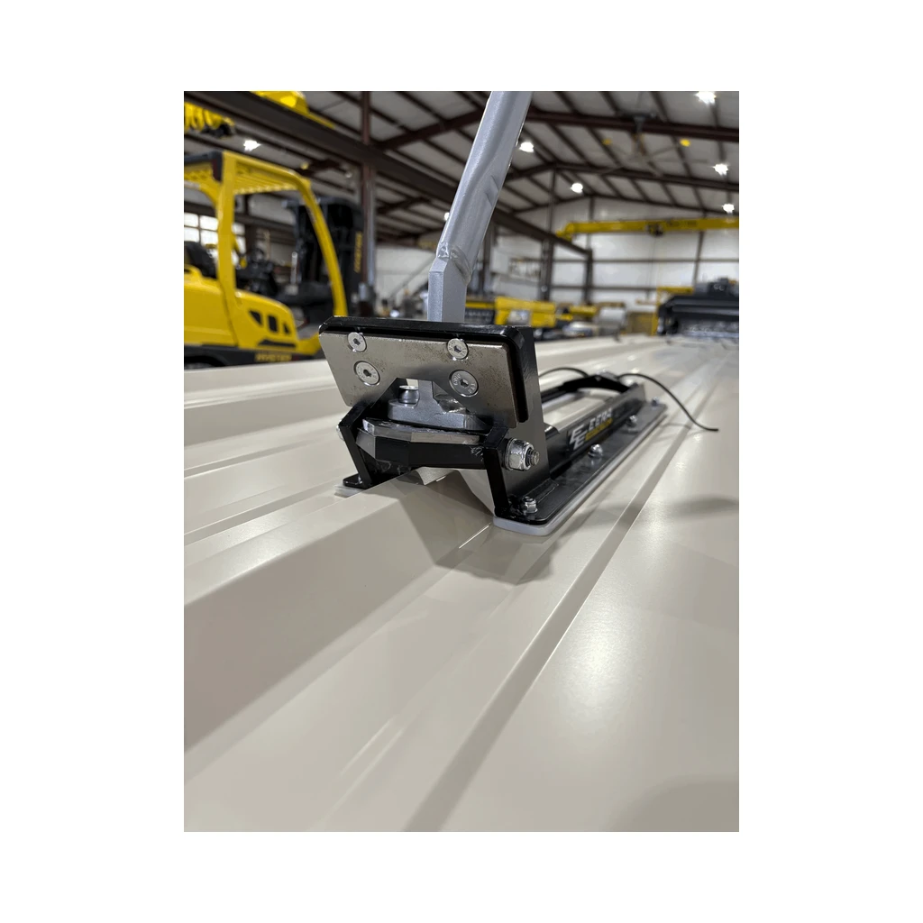 EERA R Panel notcher on a rib, three quarter view, forklift behind
