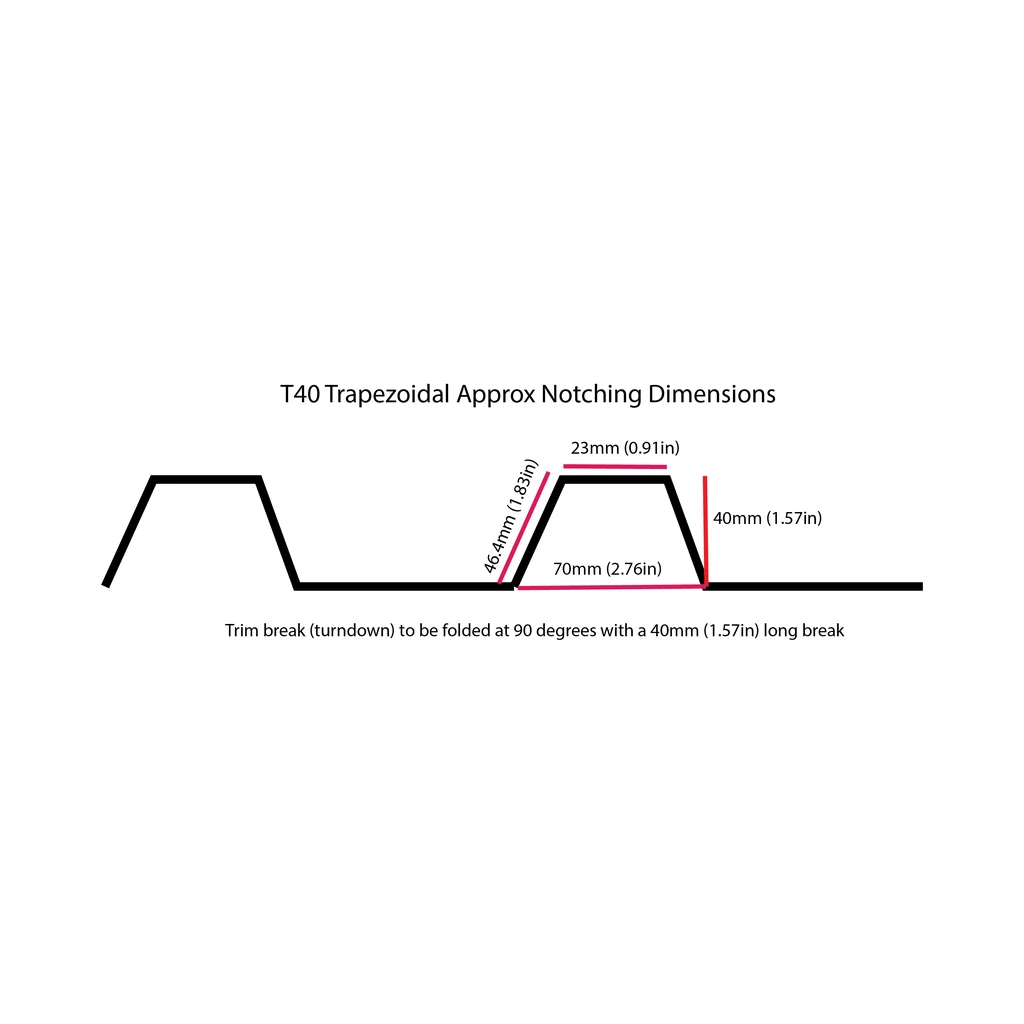 Dimension drawing of the T40 trapezoidal rib notch cut by the EERA T40 flashing notcher